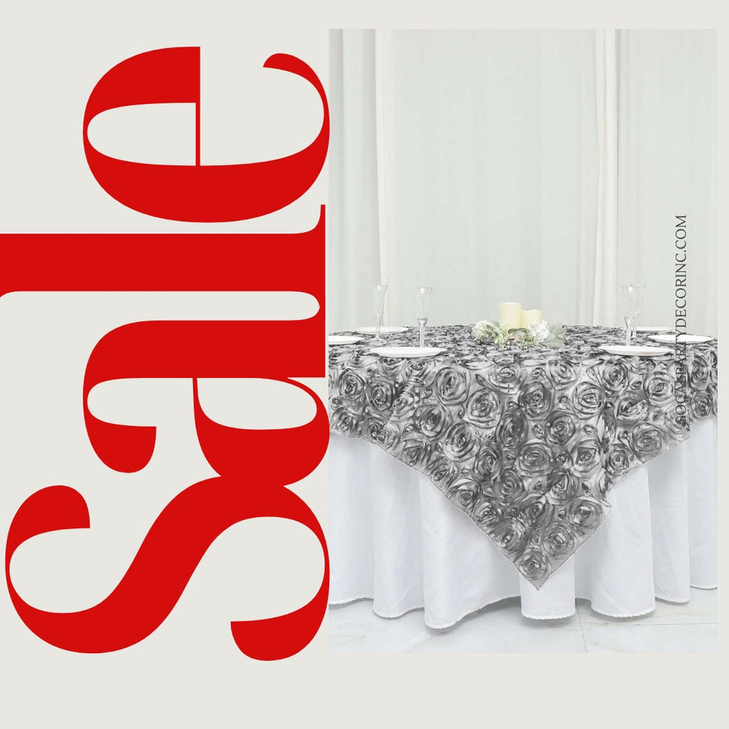 SILVER - 3D Rosette Square Tablecloth Overlay- Square Tablecloth Cover for Wedding Party Event Banquet. Choose Size Below