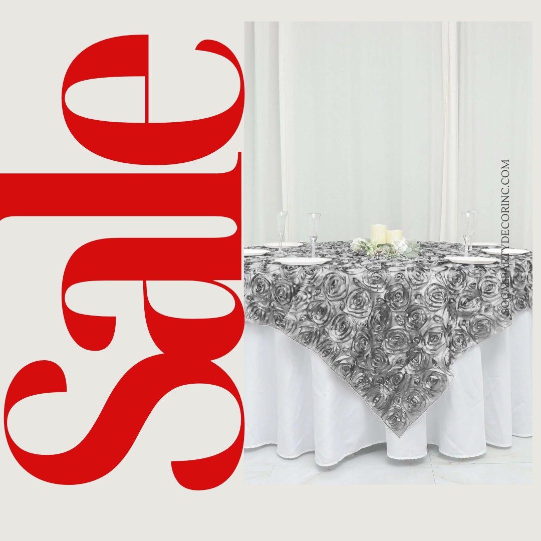 SILVER - 3D Rosette Square Tablecloth Overlay- Square Tablecloth Cover for Wedding Party Event Banquet. Choose Size Below
