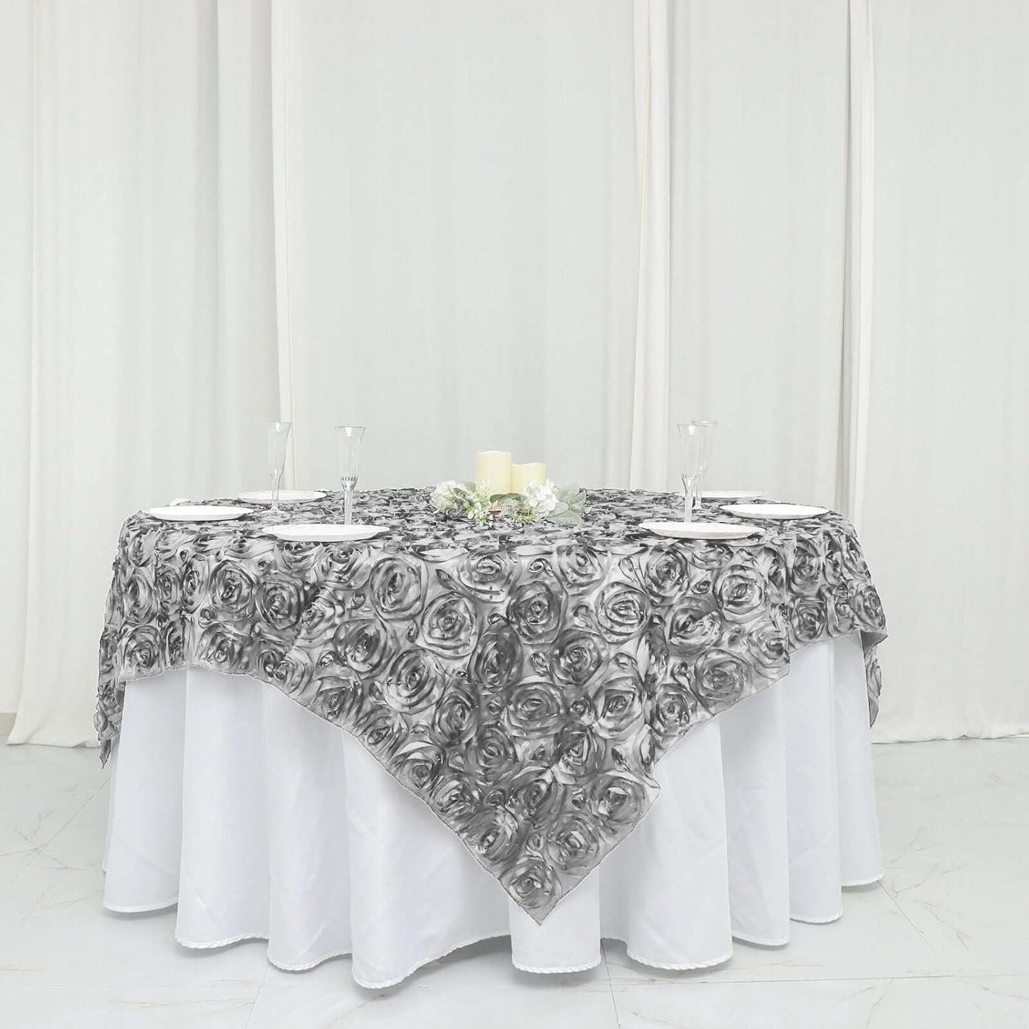 SILVER - 3D Rosette Square Tablecloth Overlay- Square Tablecloth Cover for Wedding Party Event Banquet. Choose Size Below