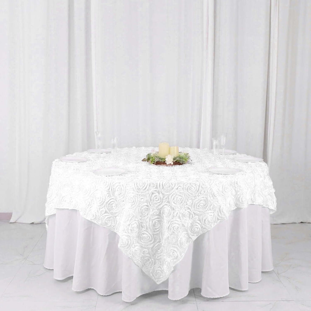 WHITE - 3D Rosette Square Tablecloth Overlay- Square Tablecloth Cover for Wedding Party Event Banquet. Choose Size Below