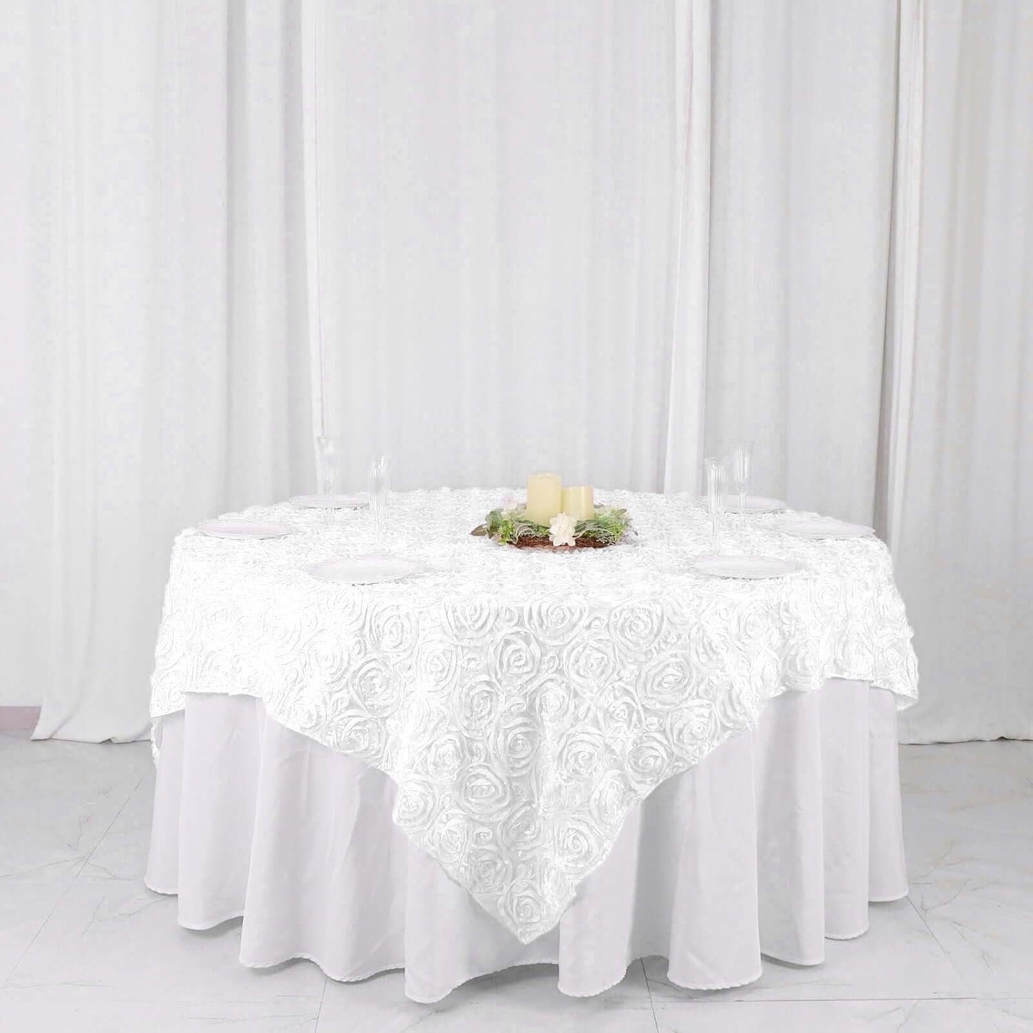 WHITE - 3D Rosette Square Tablecloth Overlay- Square Tablecloth Cover for Wedding Party Event Banquet. Choose Size Below