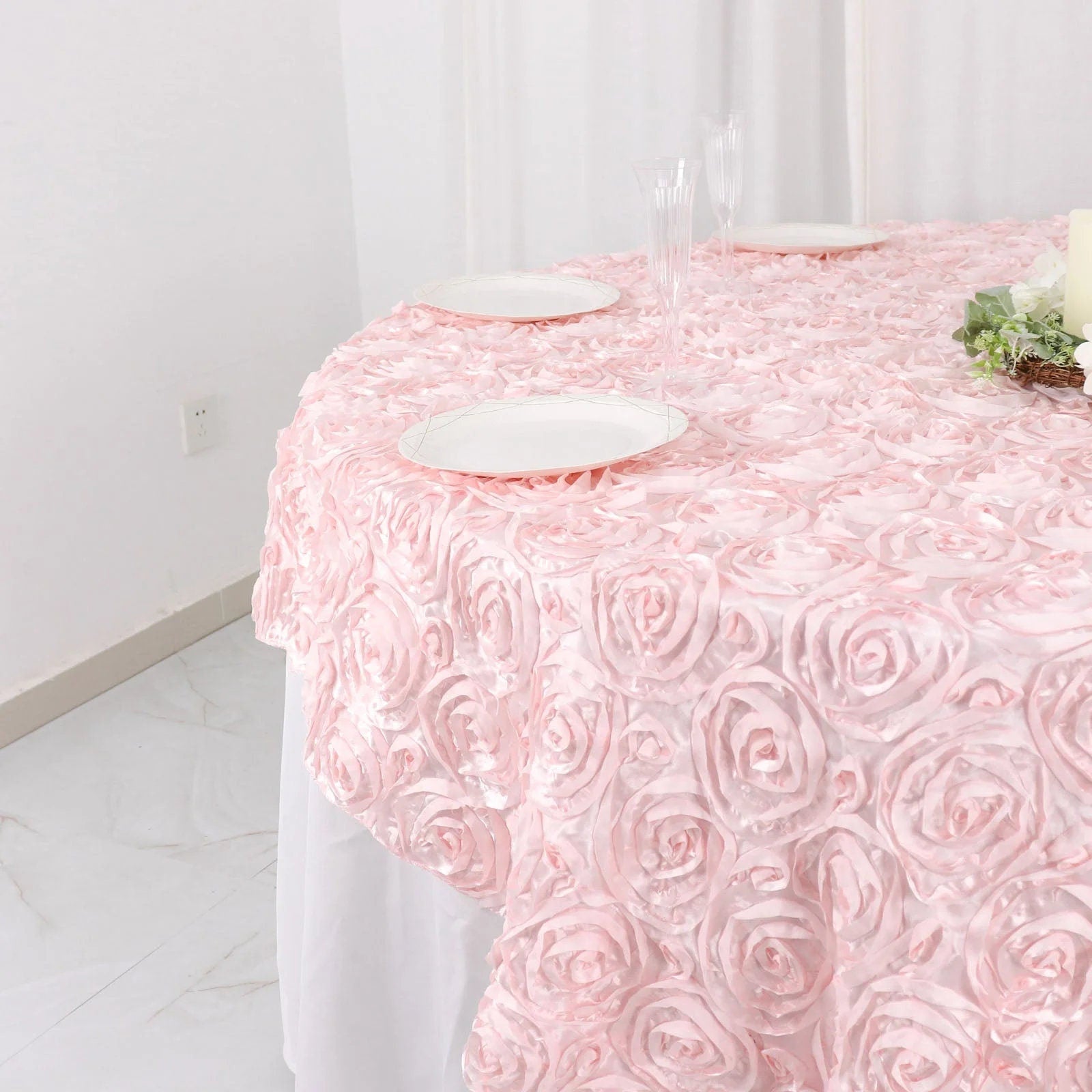 LT PINK - 3D Rosette Square Tablecloth Overlay- Square Tablecloth Cover for Wedding Party Event Banquet. Choose Size Below