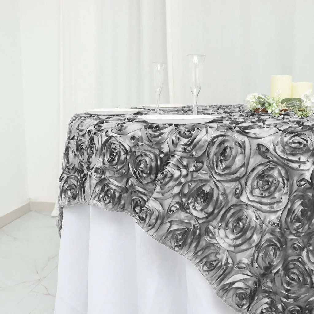 SILVER - 3D Rosette Square Tablecloth Overlay- Square Tablecloth Cover for Wedding Party Event Banquet. Choose Size Below