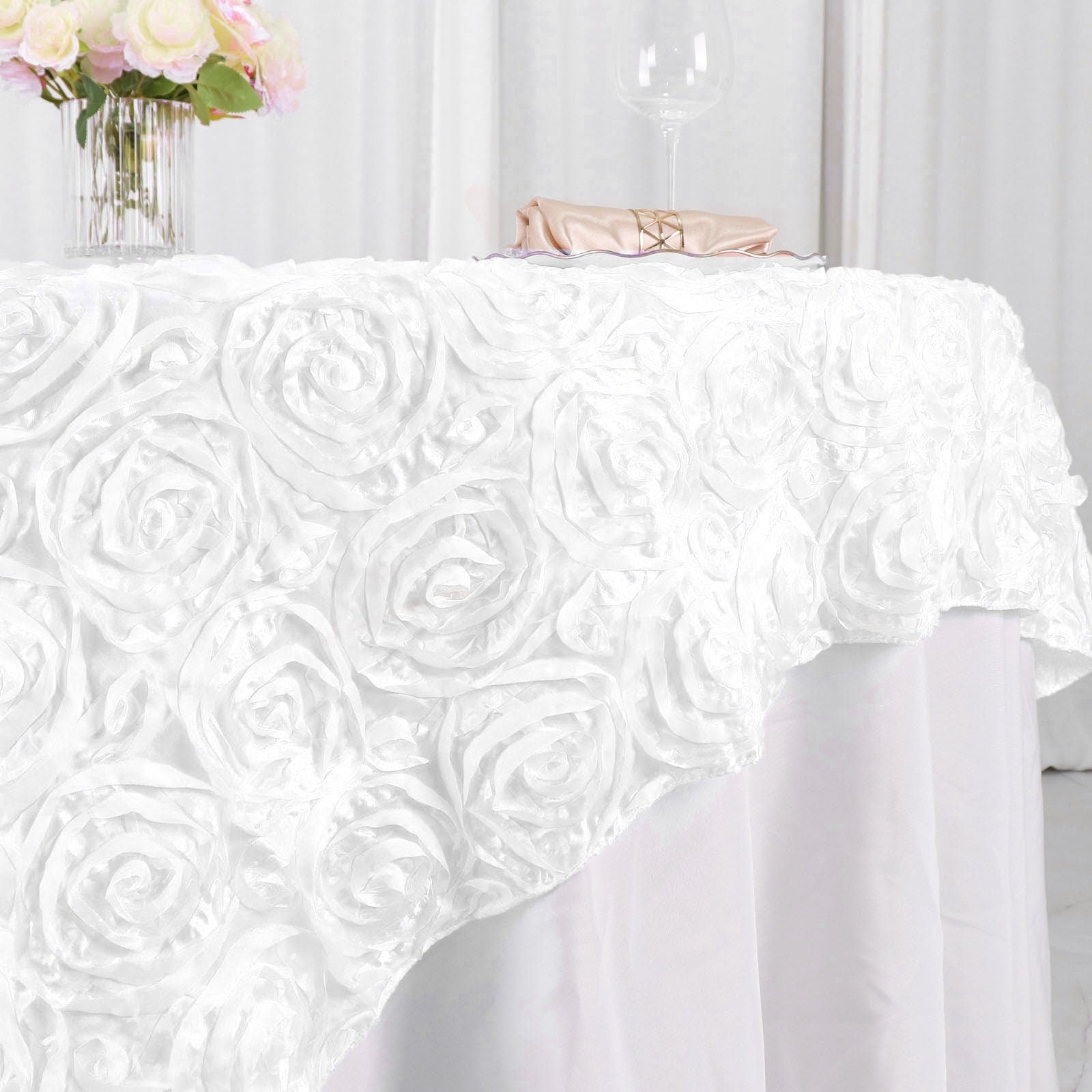 WHITE - 3D Rosette Square Tablecloth Overlay- Square Tablecloth Cover for Wedding Party Event Banquet. Choose Size Below