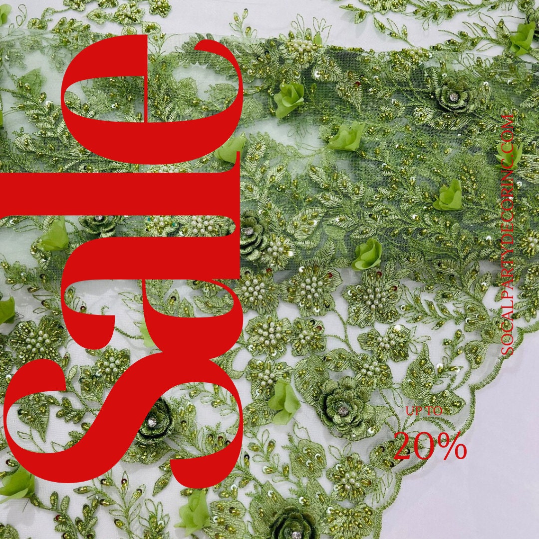 3D FLORAL - SAGE -  Design Embroider  Beaded With Rhinestones  Mesh Lace Fabric. Sold By The Yard.