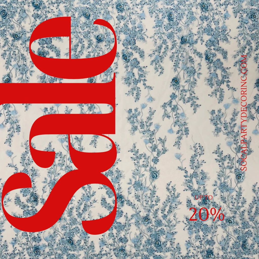 3D FLORAL - LT BLUE -  Design Embroider  Beaded With Rhinestones  Mesh Lace Fabric. Sold By The Yard.