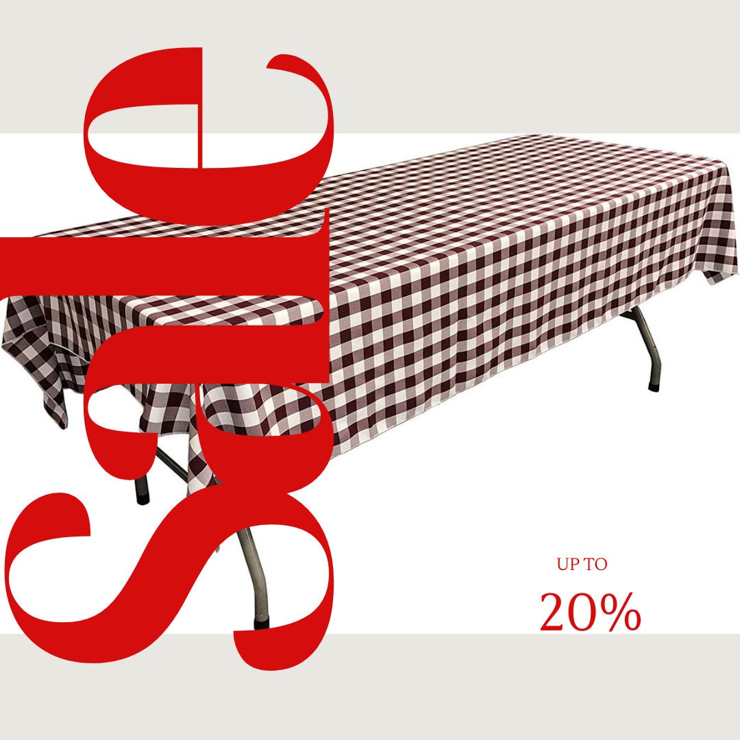 Polyester Poplin Gingham Checkered Rectangular Tablecloth (White & Burgundy, Choose Size Below
