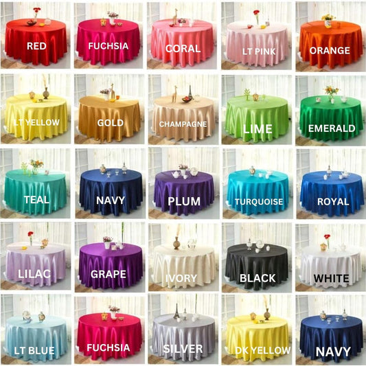 Satin- Table Cloth Covers for Round Tables- Round Satin Table Cloth for Wedding Banquet Decoration- Table Cloths. Choose Size & Color Below