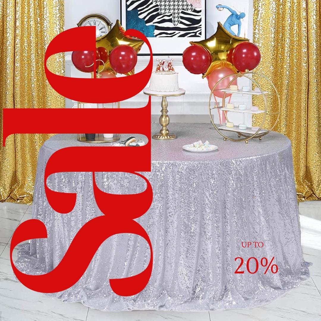 Sequin Tablecloth - SILVER - Round Sparkly Drape Table Cloths Table Cover Overlay for Wedding Birthday Party Baby Bridal Shower. Choose Size