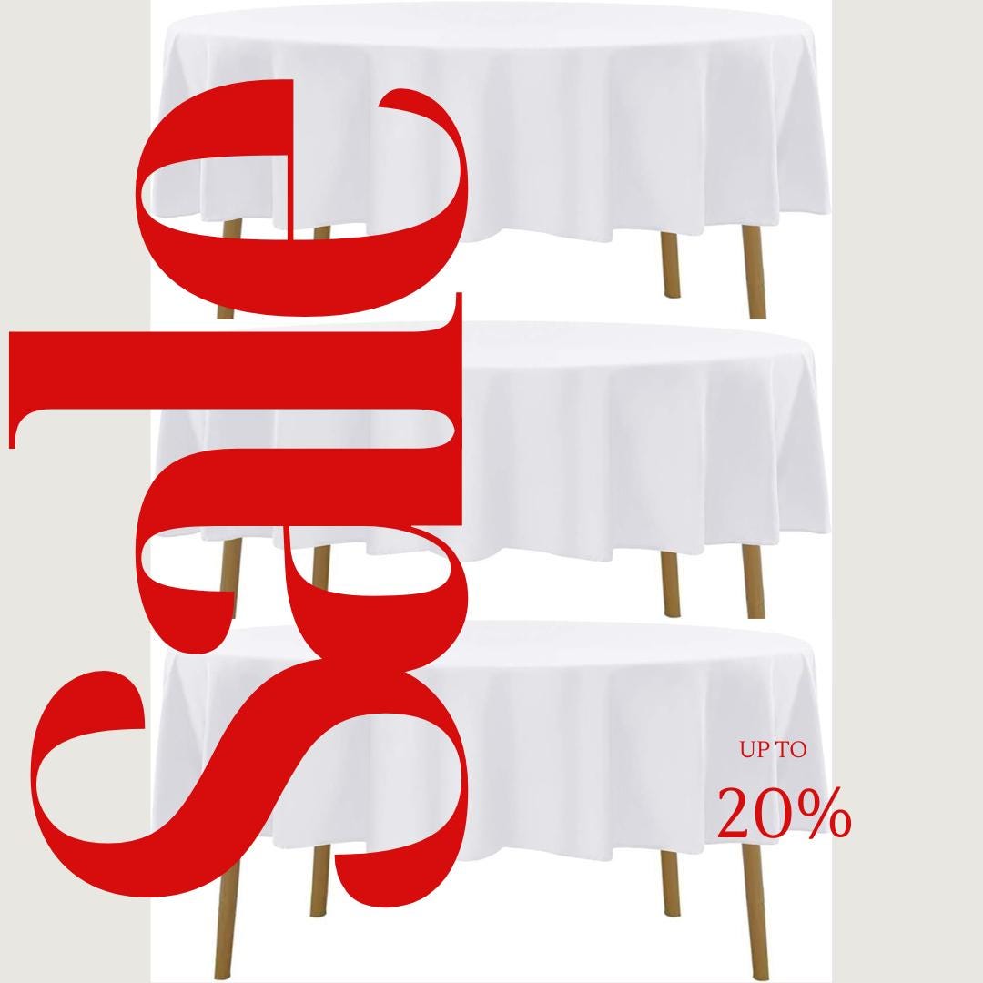 WHITE - 90" Polyester Poplin Washable Round Tablecloth, For Table Cover, Fabric Table Cloth Dinning, Kitchen, Party