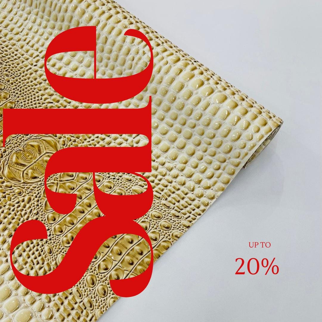Glossy Two Tone Gator Fake Leather Upholstery - BUTTER/CREAM - 3-D Crocodile Skin Texture Faux Leather  Vinyl/54" By Yard