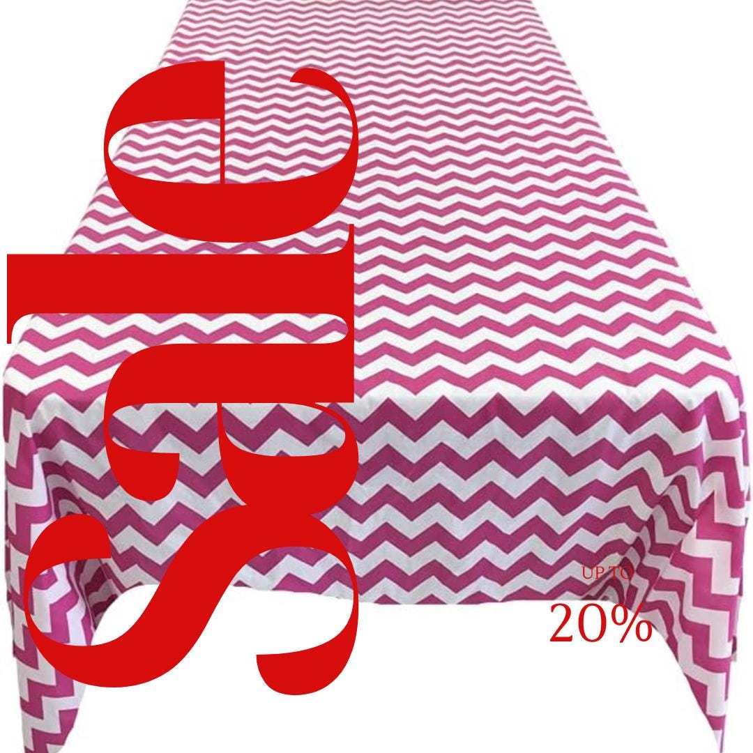 Chevron/Zig Zag  - Print Poly Cotton Tablecloth Table Cover Fabric Table Cloth for Dinning, Kitchen, Party. White & Fuchsia
