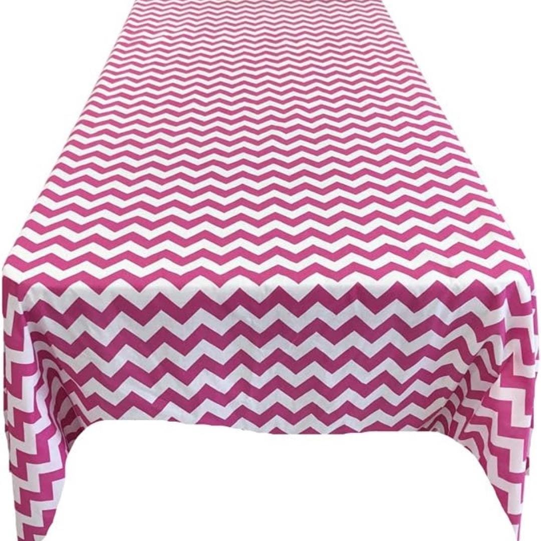 Chevron/Zig Zag  - Print Poly Cotton Tablecloth Table Cover Fabric Table Cloth for Dinning, Kitchen, Party. White & Fuchsia