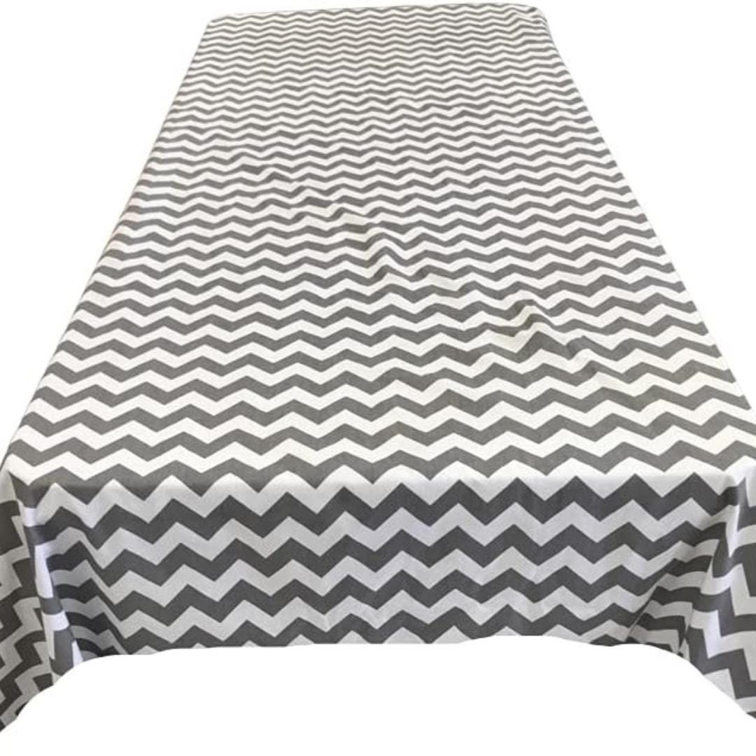 Chevron/Zig Zag  - Print Poly Cotton Tablecloth Table Cover Fabric Table Cloth for Dinning, Kitchen, Party. White & Silver