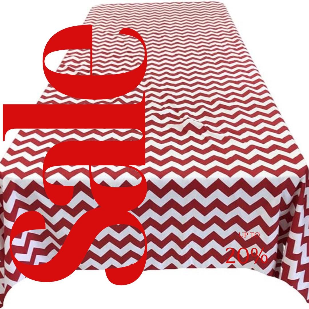 Chevron/Zig Zag  - Print Poly Cotton Tablecloth Table Cover Fabric Table Cloth for Dinning, Kitchen, Party. White & Red