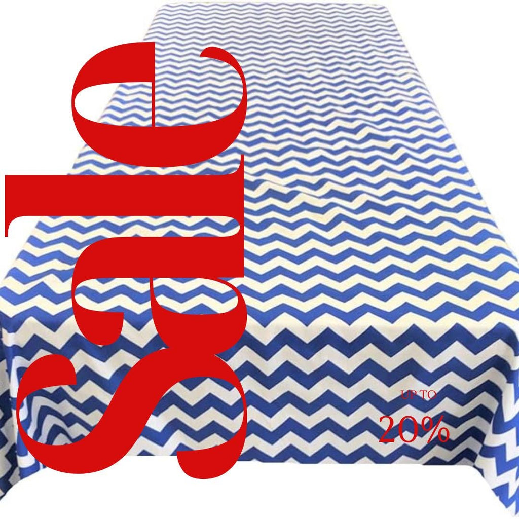Chevron/Zig Zag  - Print Poly Cotton Tablecloth Table Cover Fabric Table Cloth for Dinning, Kitchen, Party. White & Royal