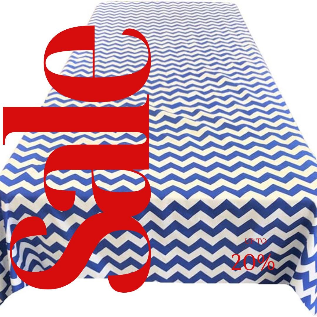 Chevron/Zig Zag  - Print Poly Cotton Tablecloth Table Cover Fabric Table Cloth for Dinning, Kitchen, Party. White & Royal