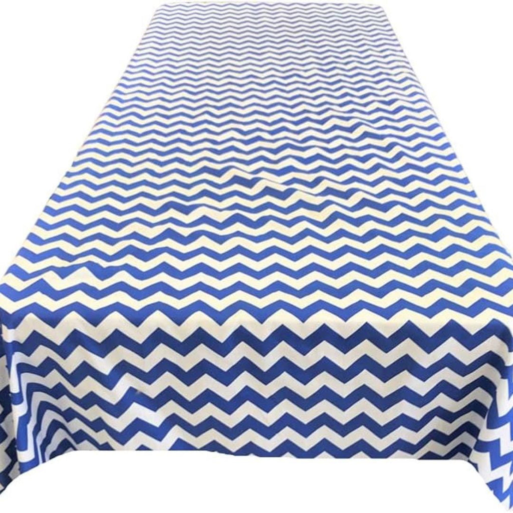 Chevron/Zig Zag  - Print Poly Cotton Tablecloth Table Cover Fabric Table Cloth for Dinning, Kitchen, Party. White & Royal