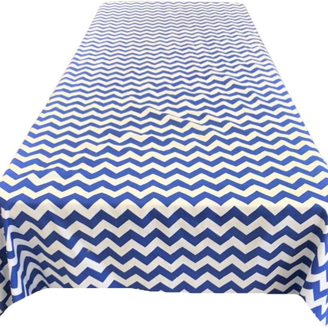 Chevron/Zig Zag  - Print Poly Cotton Tablecloth Table Cover Fabric Table Cloth for Dinning, Kitchen, Party. White & Royal