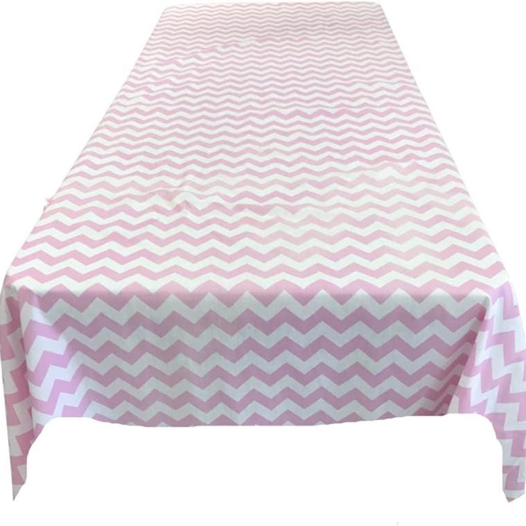 Chevron/Zig Zag  - Print Poly Cotton Tablecloth Table Cover Fabric Table Cloth for Dinning, Kitchen, Party. White & Pink