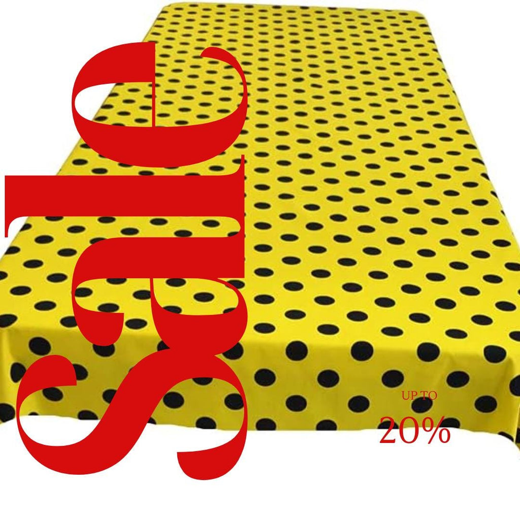 Polka Dot  - Print Poly Cotton Tablecloth Table Cover Fabric Table Cloth for Dinning, Kitchen, Party. Black Dot on Yellow