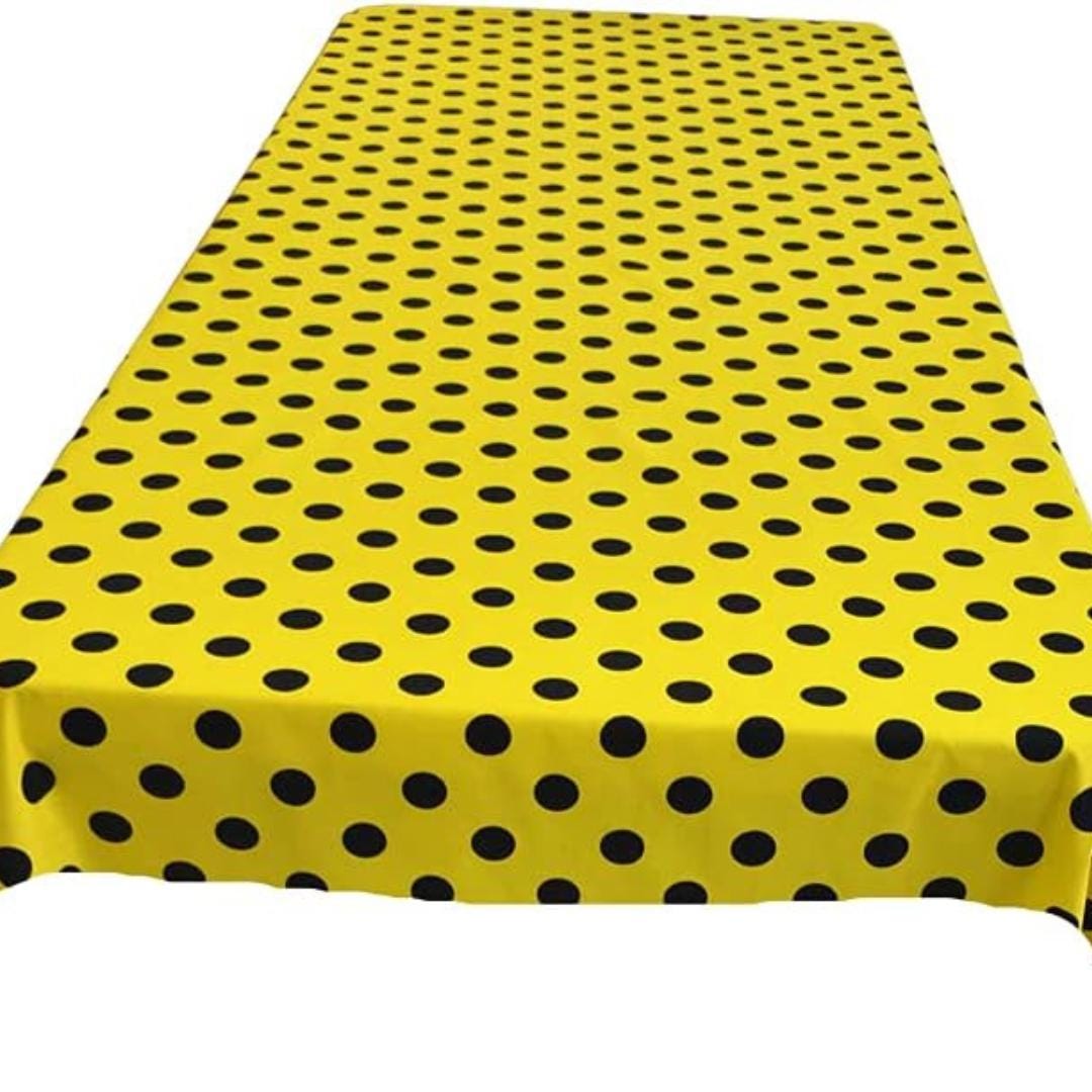 Polka Dot  - Print Poly Cotton Tablecloth Table Cover Fabric Table Cloth for Dinning, Kitchen, Party. Black Dot on Yellow