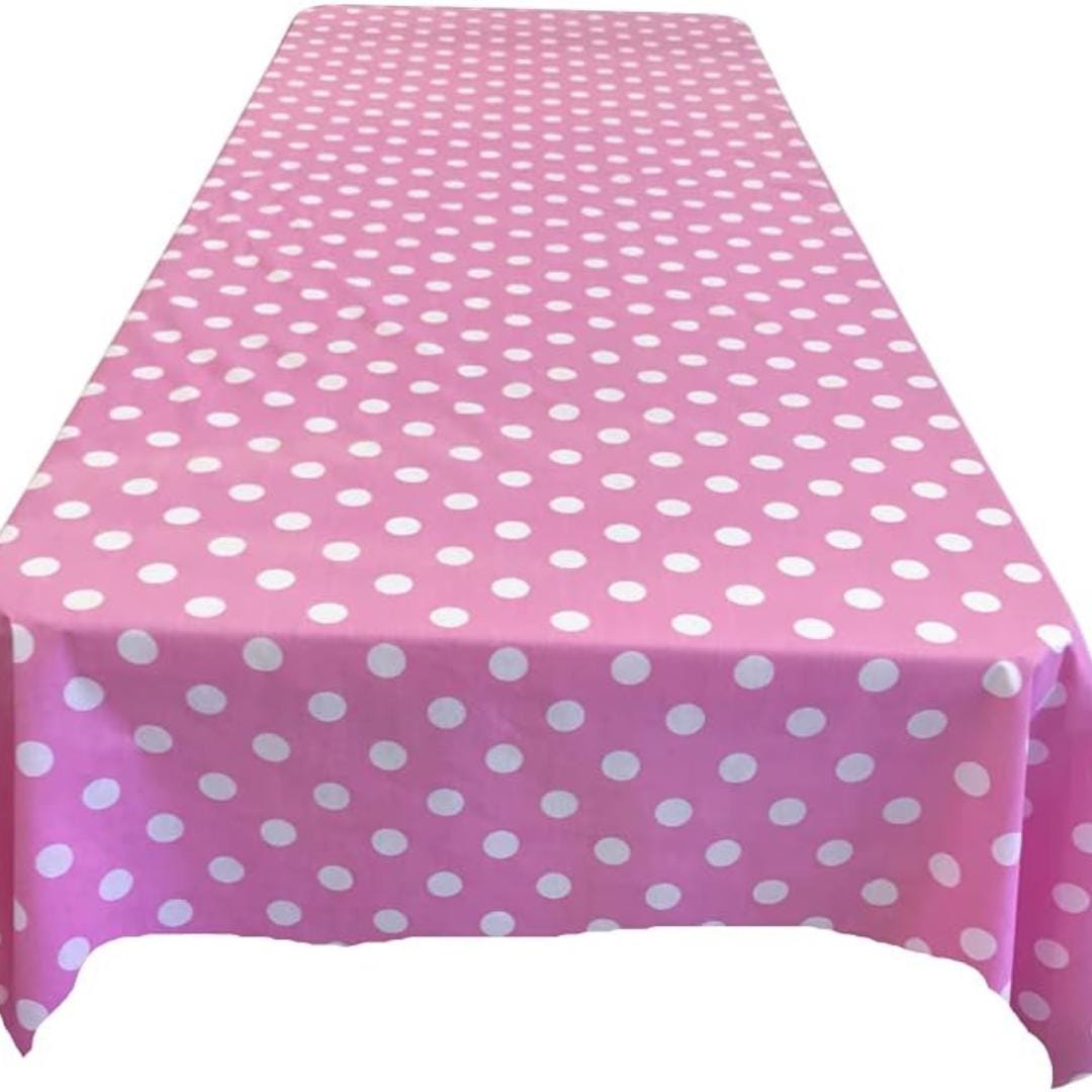 Polka Dot  - Print Poly Cotton Tablecloth Table Cover Fabric Table Cloth for Dinning, Kitchen, Party. White Dot on Pink