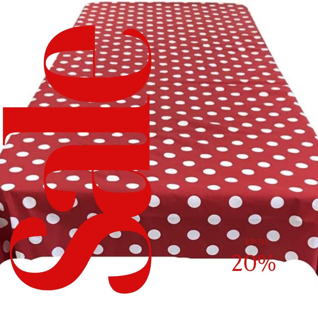 Polka Dot  - Print Poly Cotton Tablecloth Table Cover Fabric Table Cloth for Dinning, Kitchen, Party. White Dot on Red
