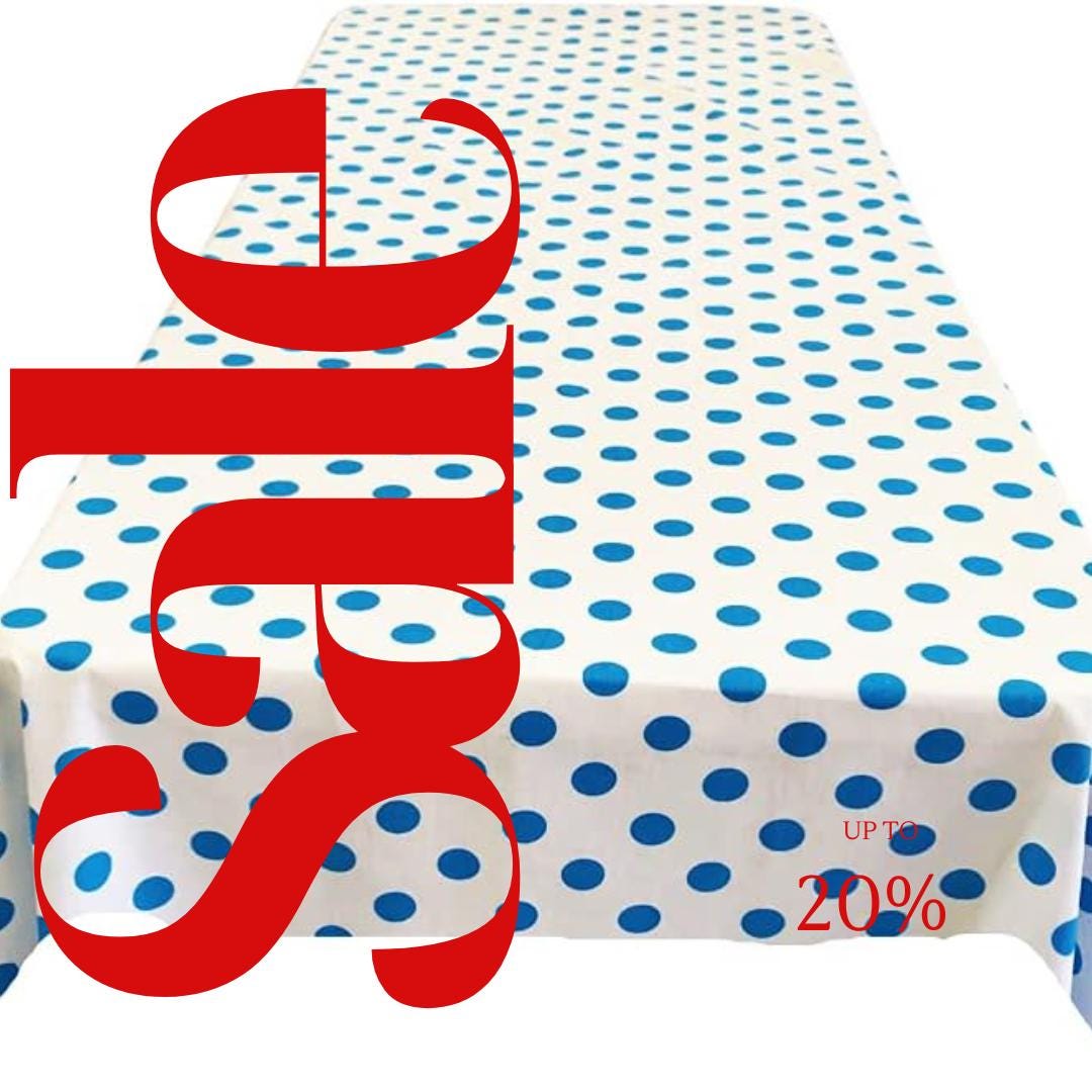 Polka Dot  - Print Poly Cotton Tablecloth Table Cover Fabric Table Cloth for Dinning, Kitchen, Party. Turquoise Dot on White