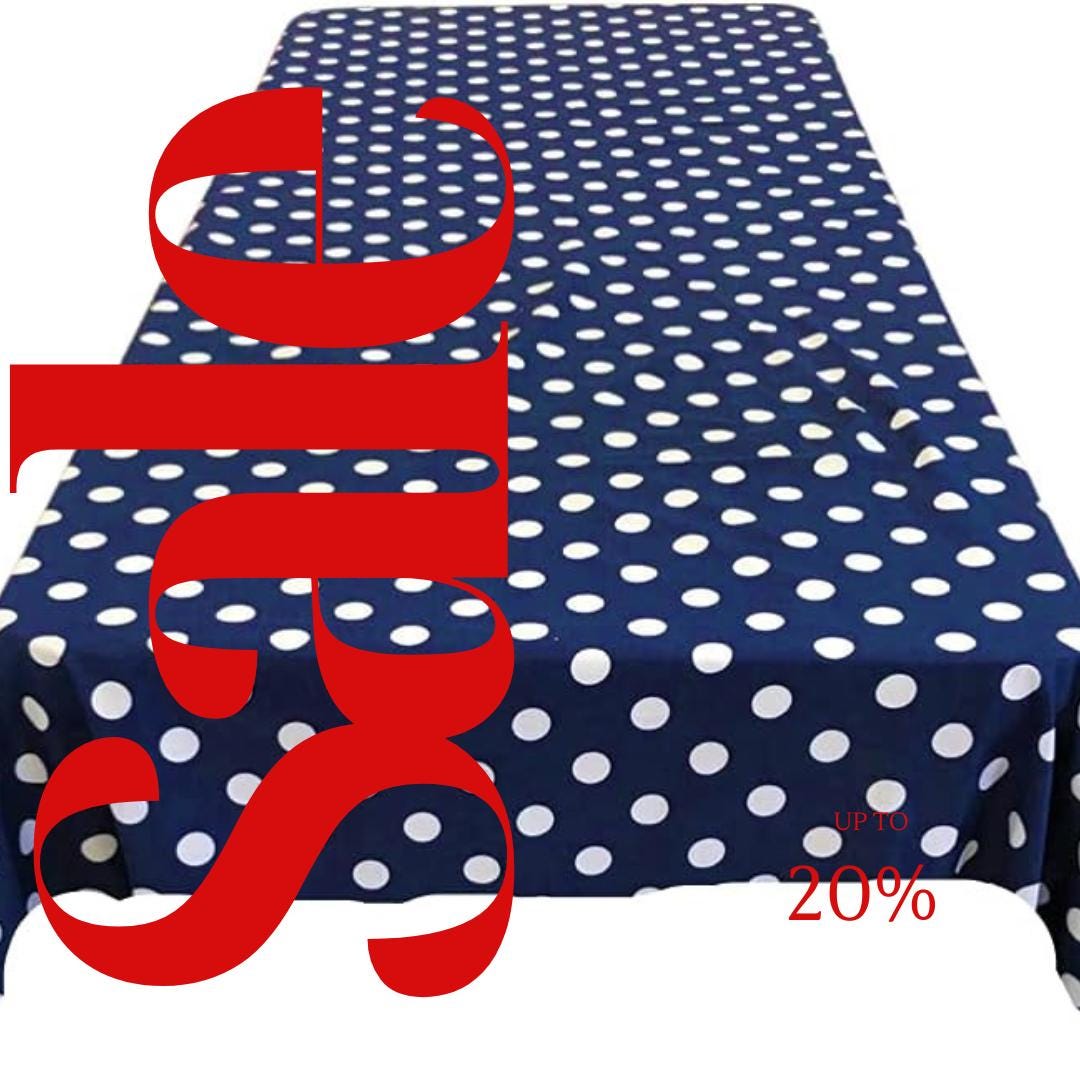 Polka Dot  - Print Poly Cotton Tablecloth Table Cover Fabric Table Cloth for Dinning, Kitchen, Party. White Dot on Navy