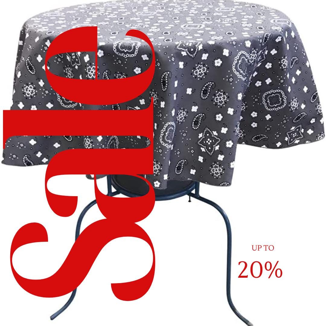 GRAY - Bandanna - Round Print Poly Cotton Tablecloth, Table Cover Fabric Table Cloth for Dinning, Kitchen, Party, Holiday