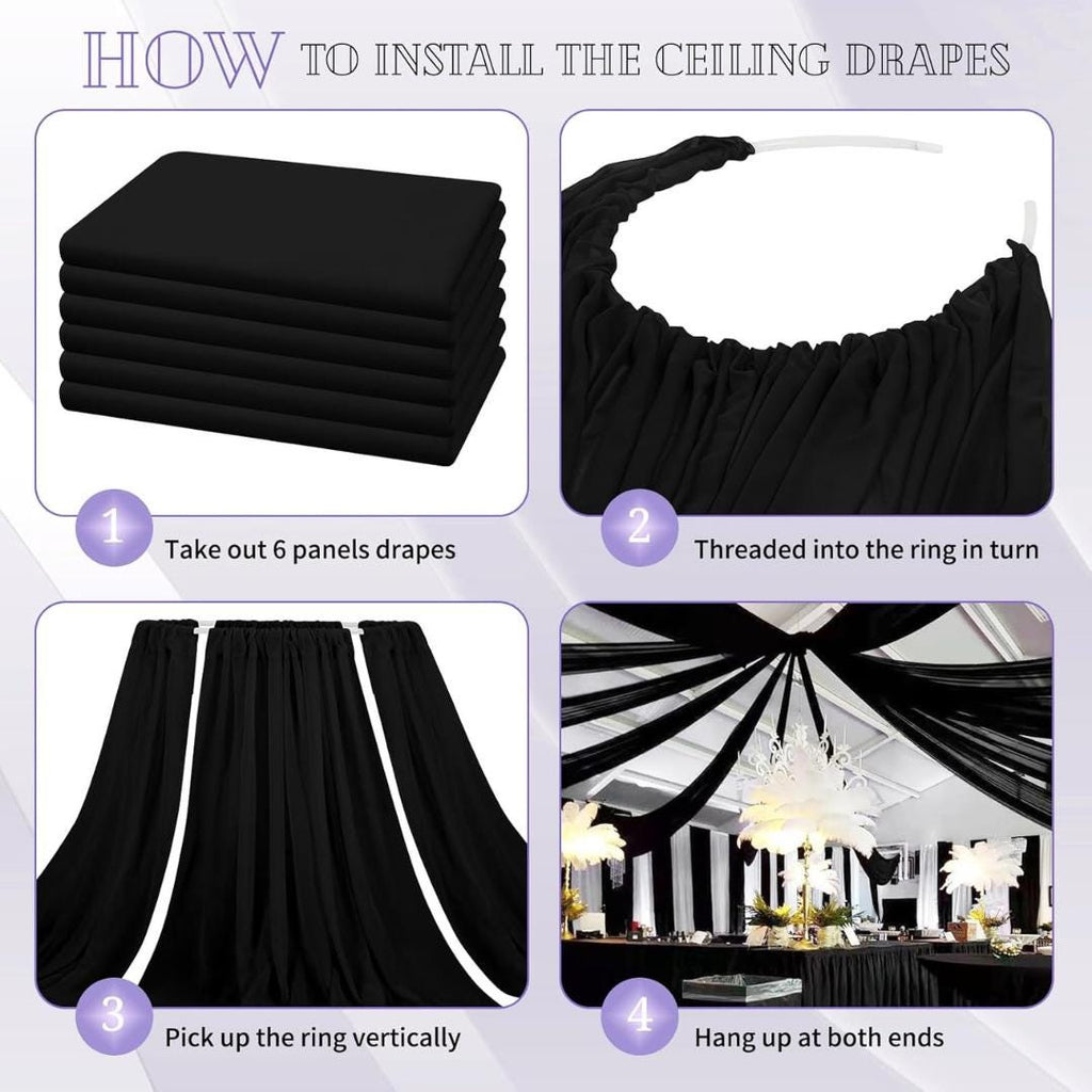 BLACK - 6 Panels Ceiling Drapes for Wedding 5ftx21ft Sheer Drapery Chiffon Fabric Arch Draping for Party Ceremony Birthday Baby Shower