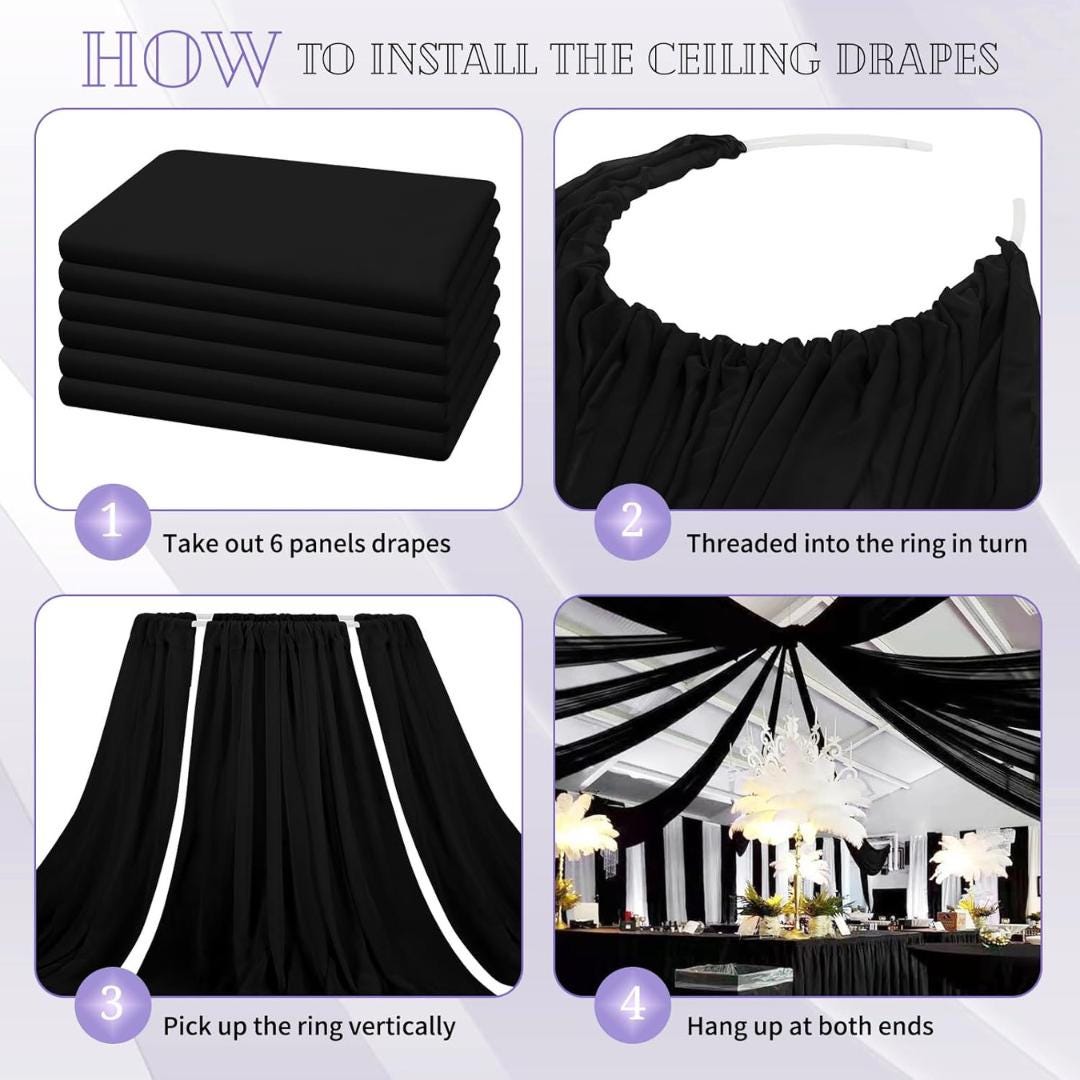 BLACK - 6 Panels Ceiling Drapes for Wedding 5ftx21ft Sheer Drapery Chiffon Fabric Arch Draping for Party Ceremony Birthday Baby Shower