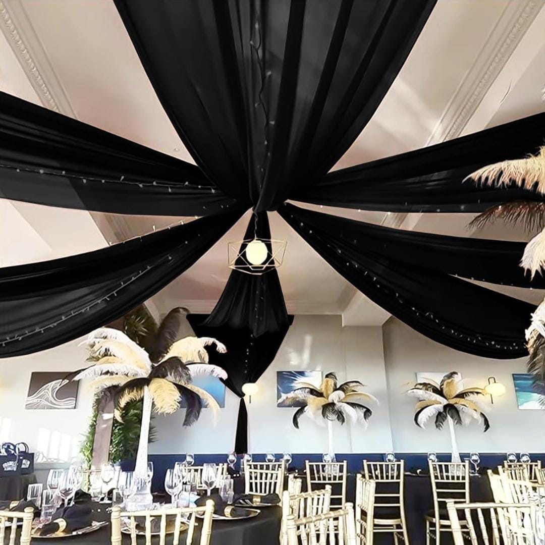 BLACK - 6 Panels Ceiling Drapes for Wedding 5ftx21ft Sheer Drapery Chiffon Fabric Arch Draping for Party Ceremony Birthday Baby Shower