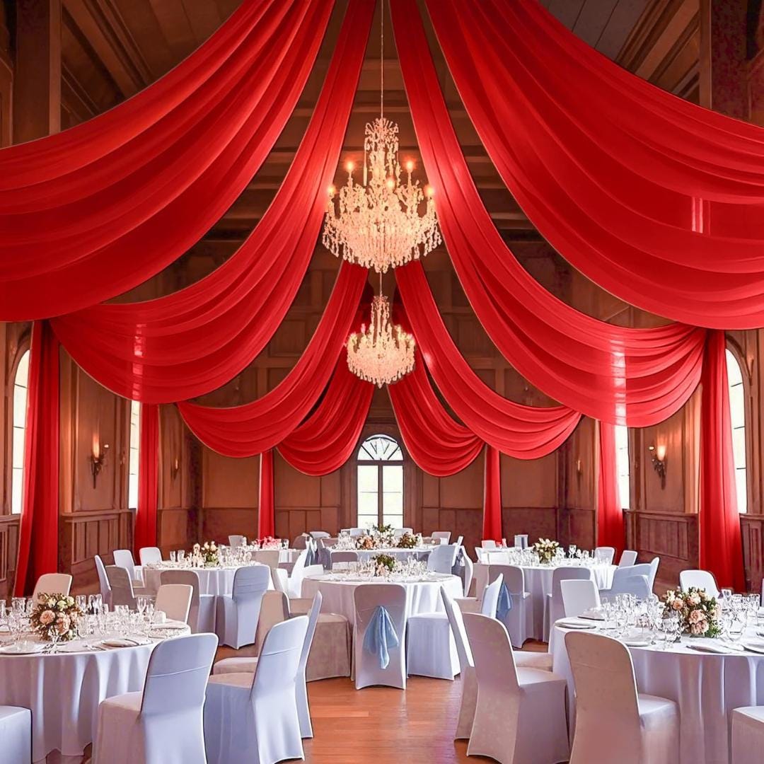 RED - 6 Panels Ceiling Drapes for Wedding 5ftx21ft Sheer Drapery Chiffon Fabric Arch Draping for Party Ceremony Birthday Baby Shower