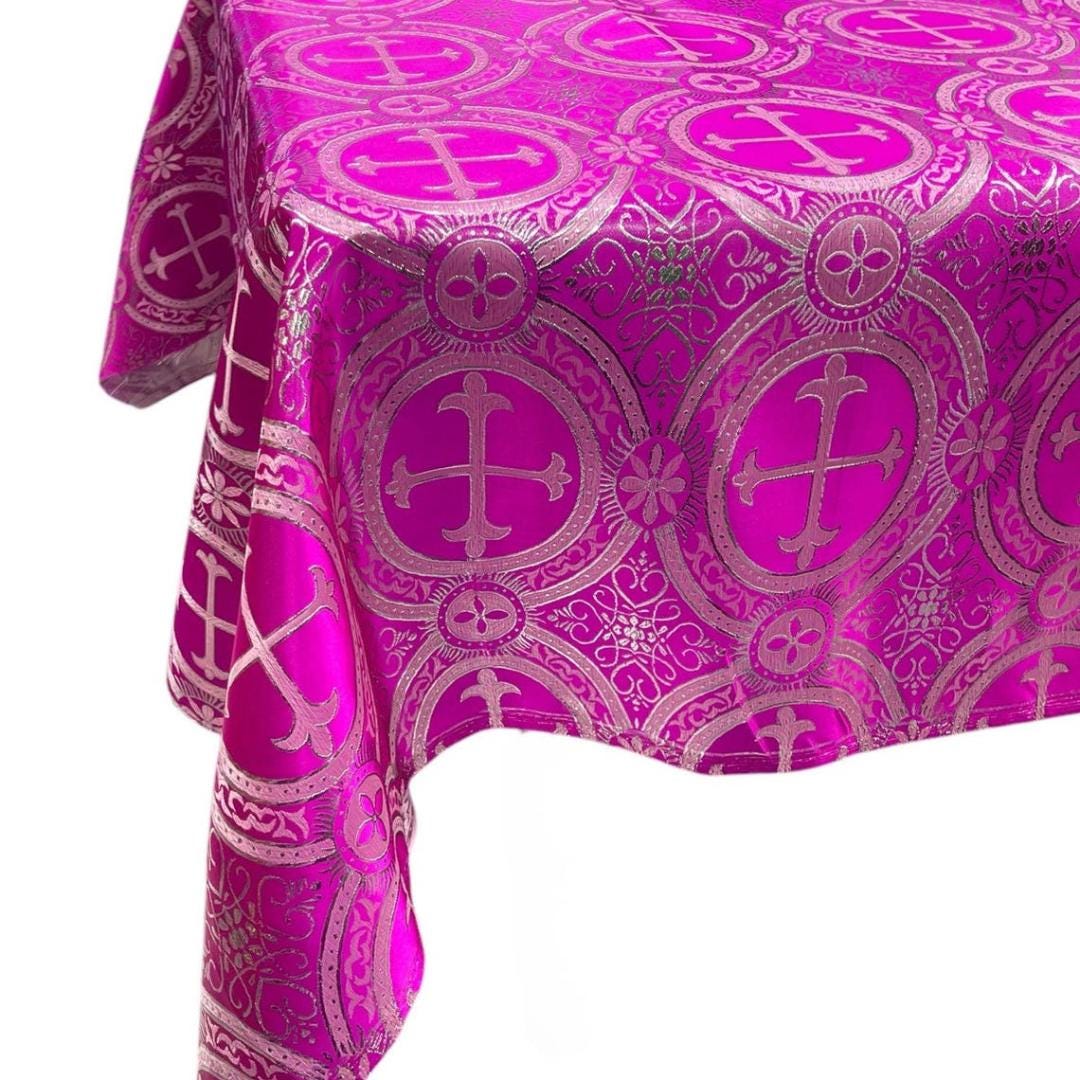 Rectangular Metallic Cross Brocade - FUCHSIA/SILVER - Jacquard Satin Tablecloth Overlay/Religious Brocade/Liturgical Fabric/Church.