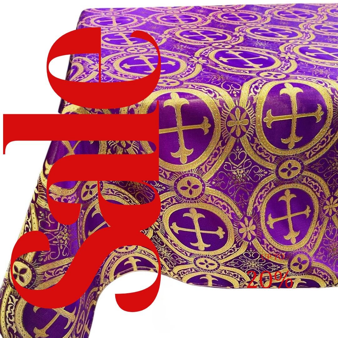 Rectangular Metallic Cross Brocade - PURPLE/GOLD - Jacquard Satin Tablecloth Overlay/Religious Brocade/Liturgical Fabric/Church.