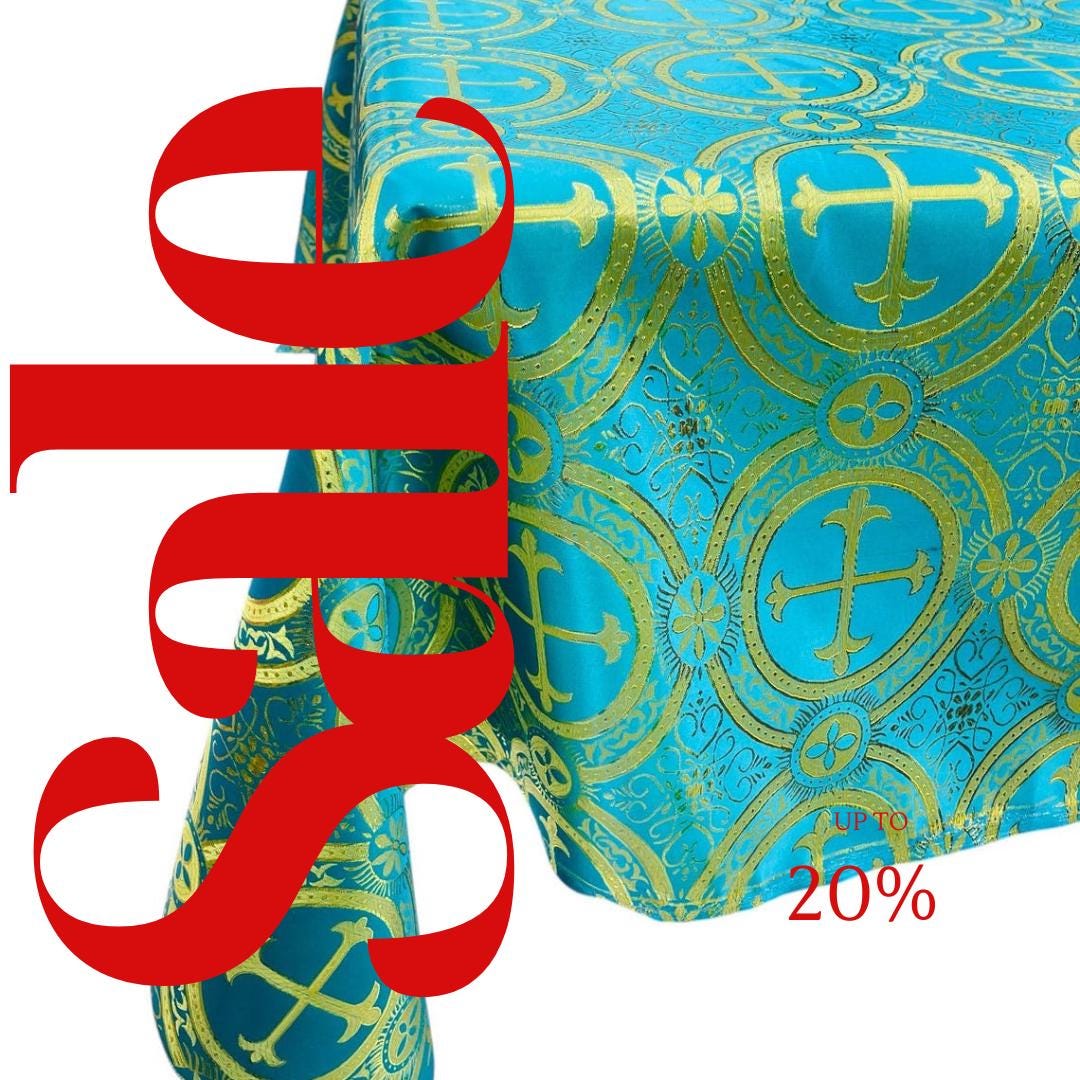 Rectangular Metallic Cross Brocade - TURQUOISE/GOLD - Jacquard Satin Tablecloth Overlay/Religious Brocade/Liturgical Fabric/Church.