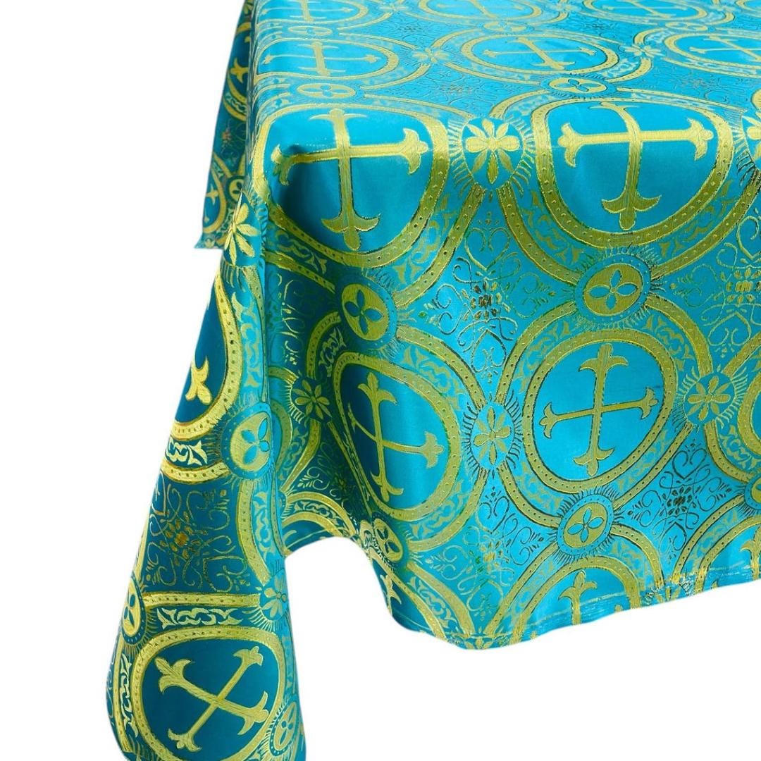 Rectangular Metallic Cross Brocade - TURQUOISE/GOLD - Jacquard Satin Tablecloth Overlay/Religious Brocade/Liturgical Fabric/Church.