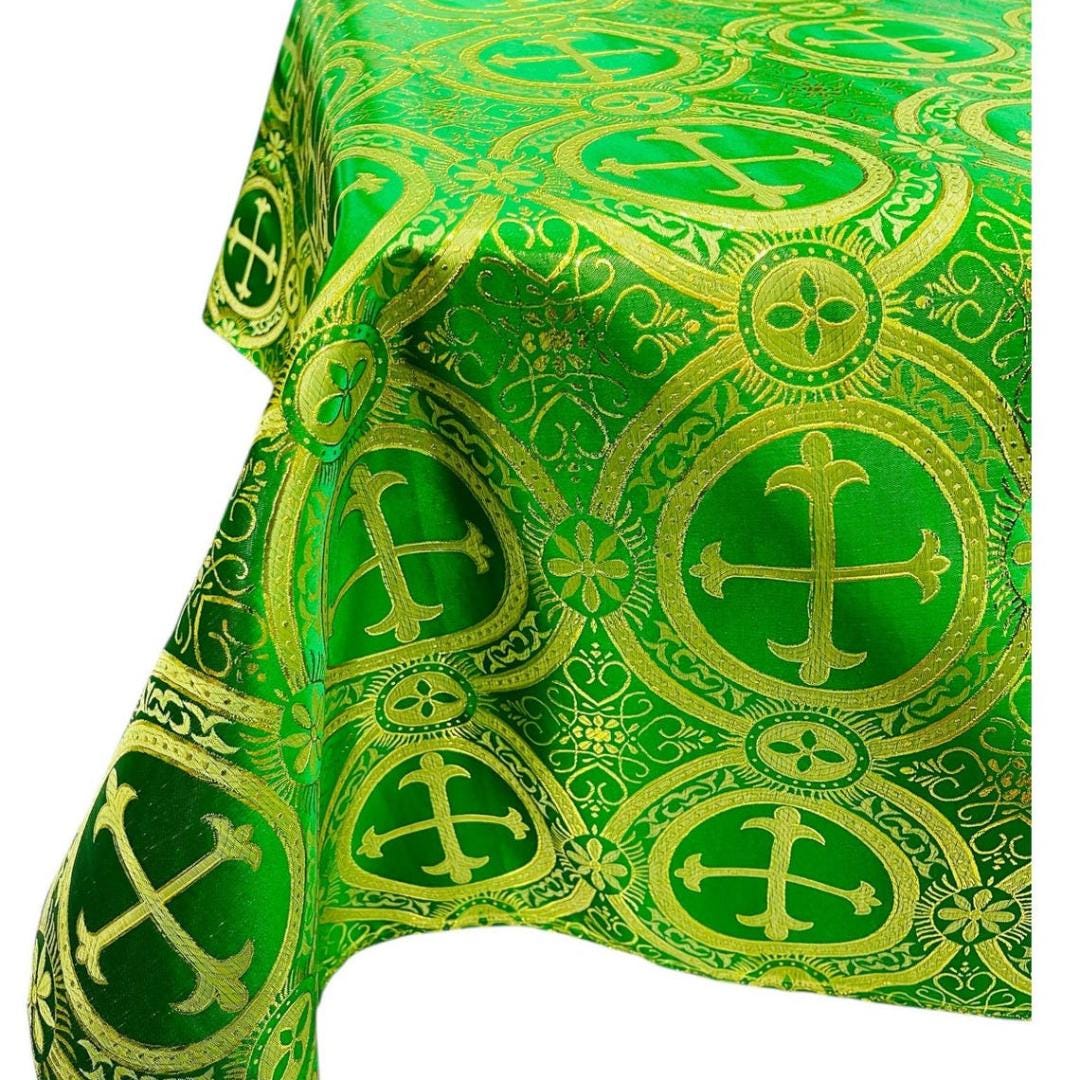 Rectangular Metallic Cross Brocade - GREEN/GOLD - Jacquard Satin Tablecloth Overlay/Religious Brocade/Liturgical Fabric/Church.
