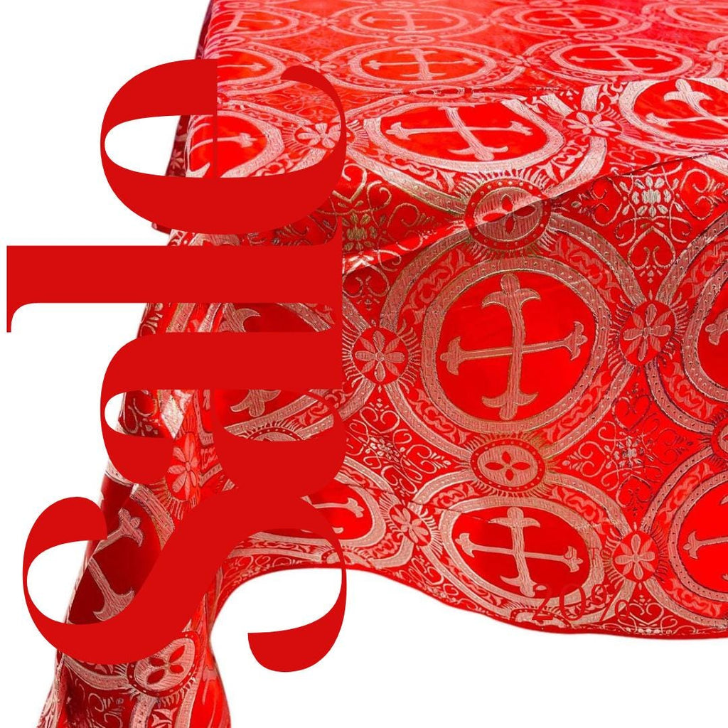 Rectangular Metallic Cross Brocade - RED/SILVER - Jacquard Satin Tablecloth Overlay/Religious Brocade/Liturgical Fabric/Church.