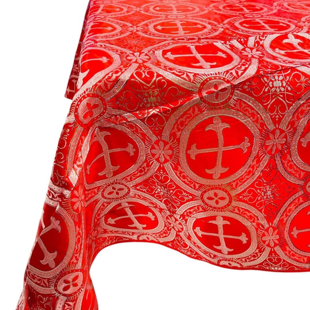 Rectangular Metallic Cross Brocade - RED/SILVER - Jacquard Satin Tablecloth Overlay/Religious Brocade/Liturgical Fabric/Church.