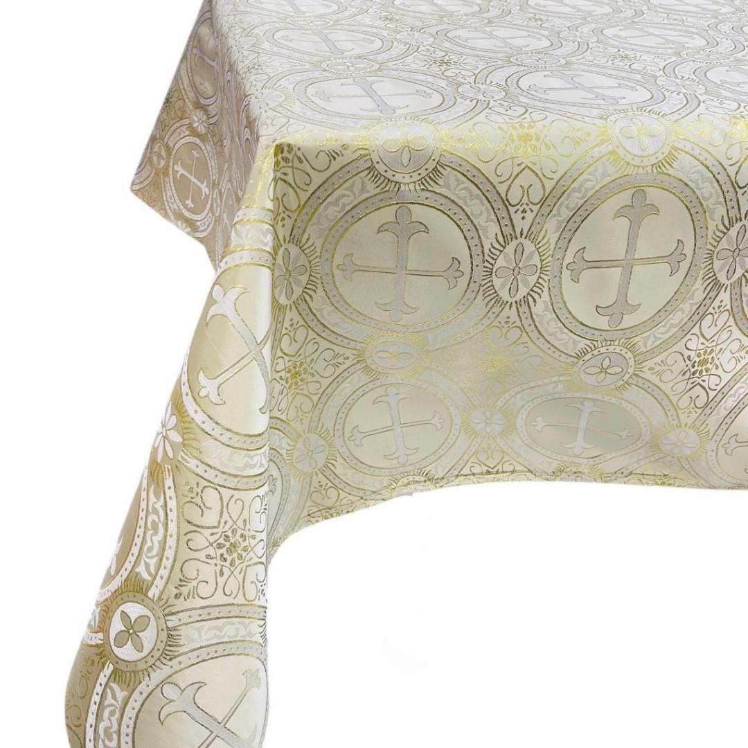 Rectangular Metallic Cross Brocade - BEIGE/GOLD - Jacquard Satin Tablecloth Overlay/Religious Brocade/Liturgical Fabric/Church.