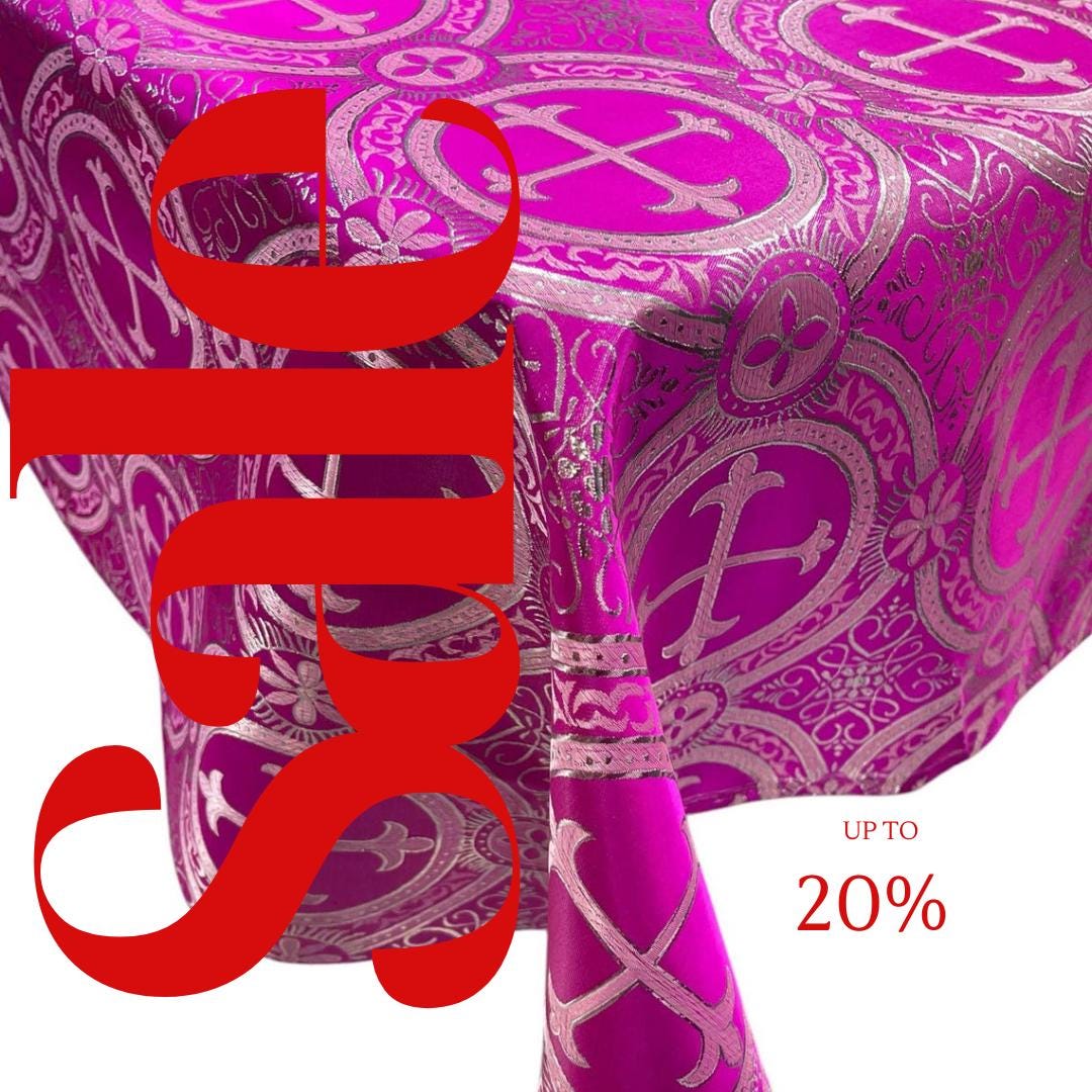 OVERLAY  - Metallic Cross Brocade - FUCHSIA/SILVER - Jacquard Satin Tablecloth Overlay/Religious Brocade/Liturgical Fabric/Church.