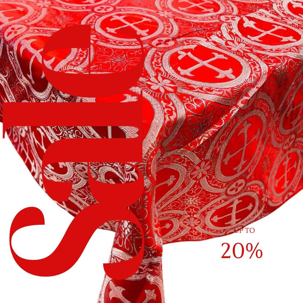 OVERLAY  - Metallic Cross Brocade - RED/SILVER - Jacquard Satin Tablecloth Overlay/Religious Brocade/Liturgical Fabric/Church.