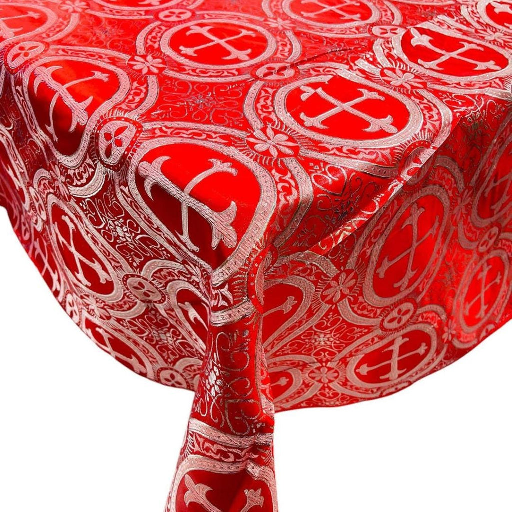 OVERLAY  - Metallic Cross Brocade - RED/SILVER - Jacquard Satin Tablecloth Overlay/Religious Brocade/Liturgical Fabric/Church.