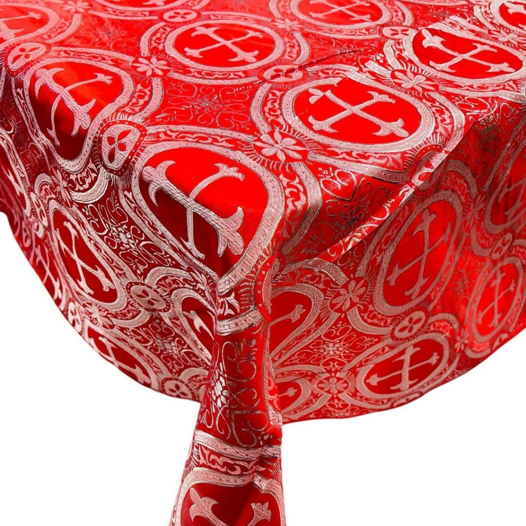 OVERLAY  - Metallic Cross Brocade - RED/SILVER - Jacquard Satin Tablecloth Overlay/Religious Brocade/Liturgical Fabric/Church.