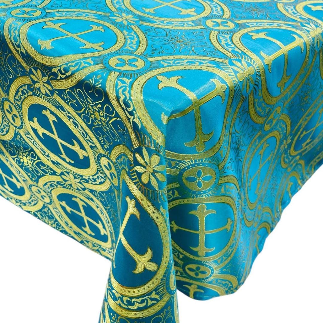 OVERLAY  - Metallic Cross Brocade - TURQUOISE/GOLD - Jacquard Satin Tablecloth Overlay/Religious Brocade/Liturgical Fabric/Church.