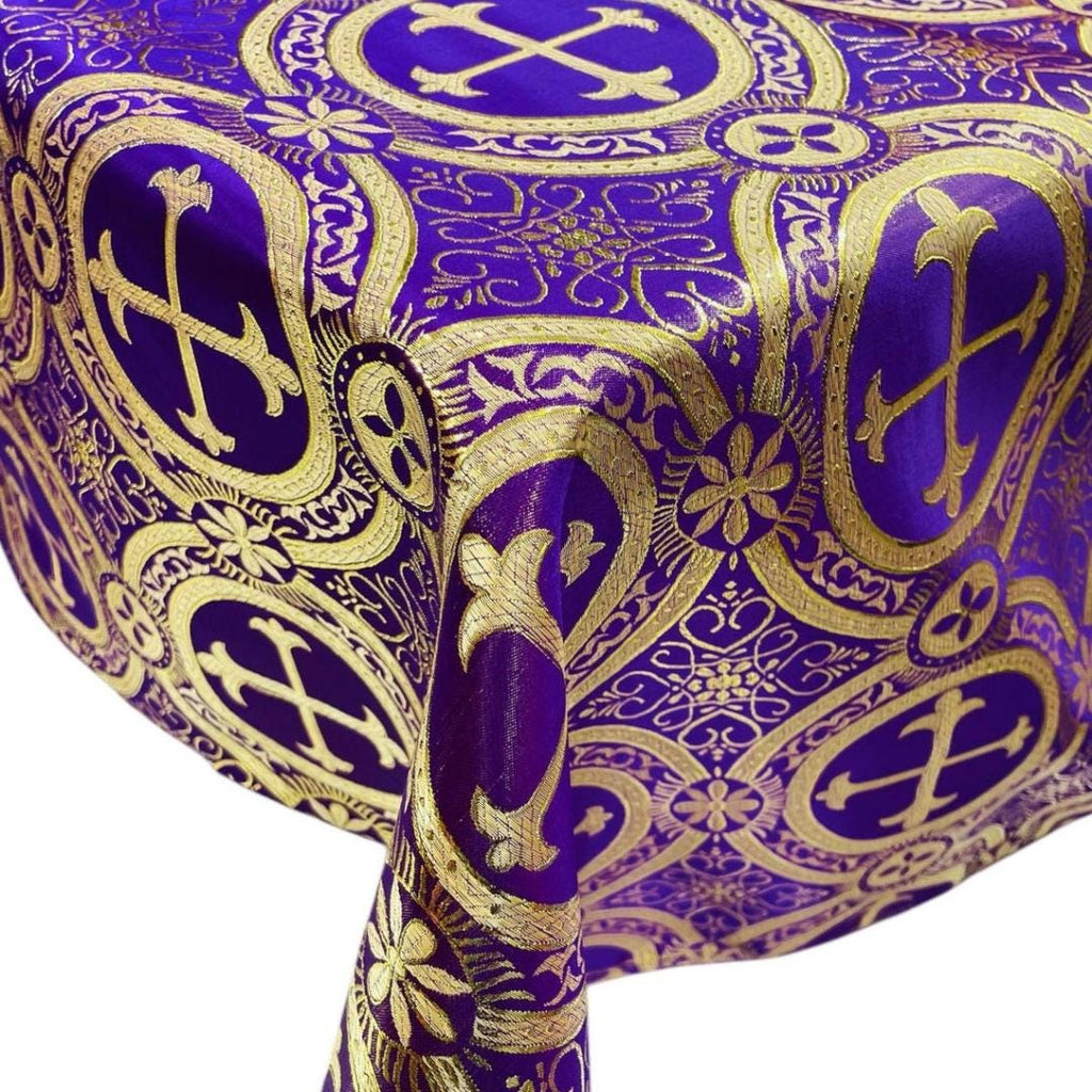 OVERLAY  - Metallic Cross Brocade - PURPLE/GOLD - Jacquard Satin Tablecloth Overlay/Religious Brocade/Liturgical Fabric/Church.
