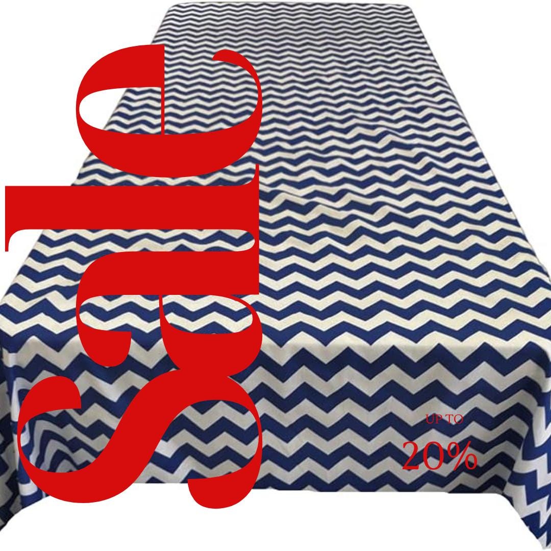 Chevron/Zig Zag  - Print Poly Cotton Tablecloth Table Cover Fabric Table Cloth for Dinning, Kitchen, Party. White & Navy